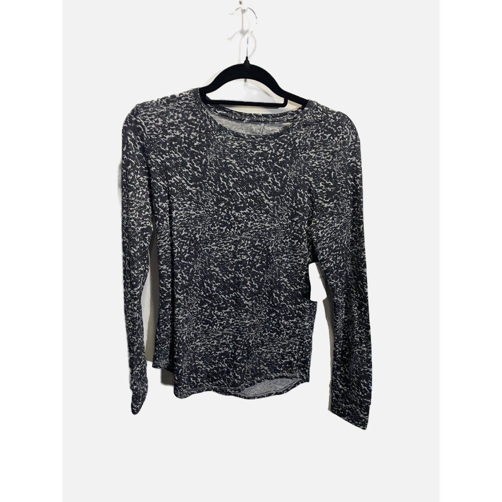 BCG Long Sleeve Print Crew Women XS Caviar Black Grey Abstract Active Top NEW